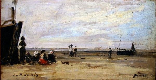 Strandscene (olje om bord) av Eugene Louis Boudin
