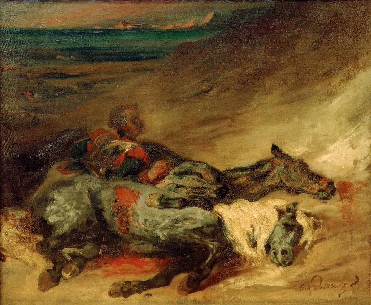 De to hestene døde på slagmarken av Ferdinand Victor Eugene Delacroix