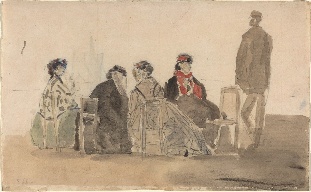 Fire damer sitter i Trouville av Eugène Boudin