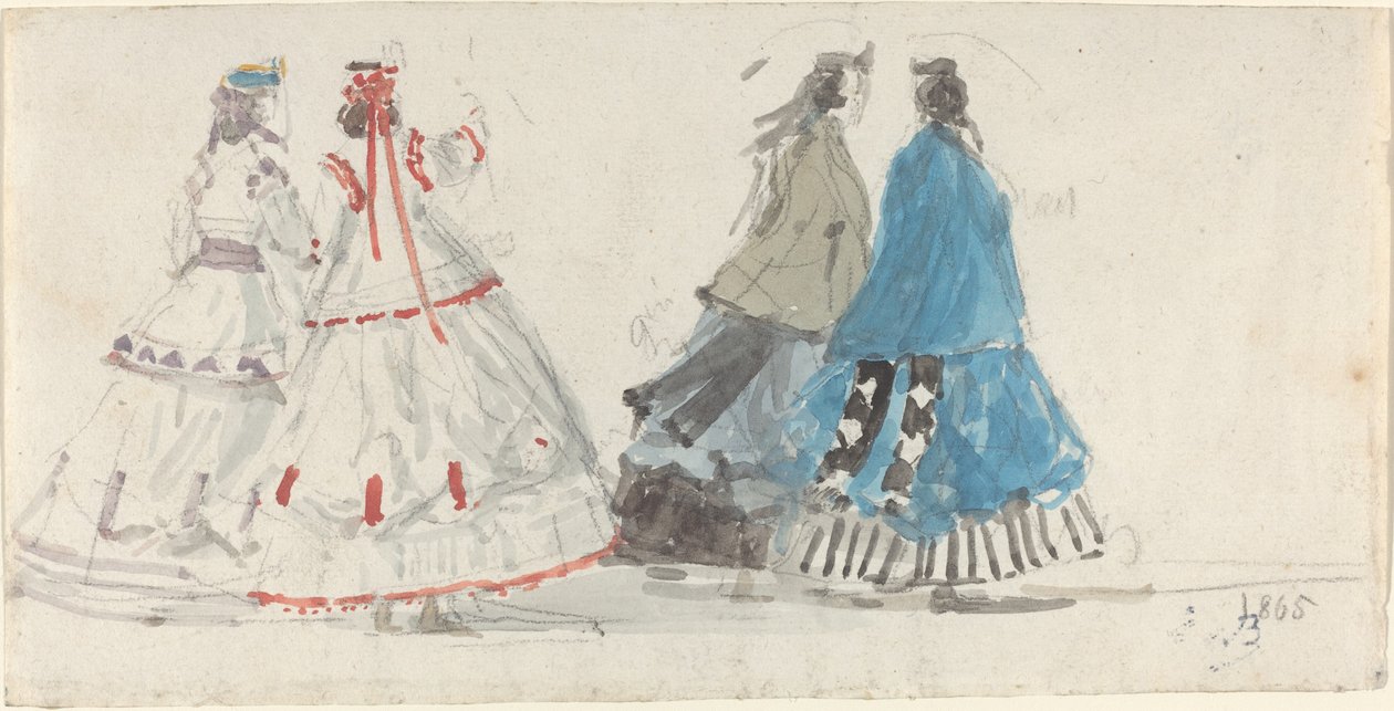 Fire damer i Crinolines går på Trouville av Eugène Boudin
