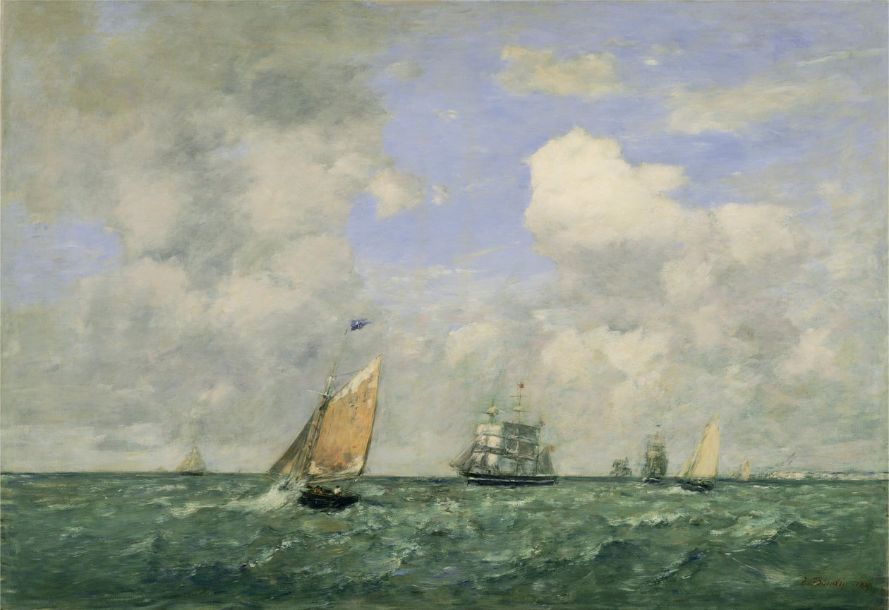 Skip og seilbåter forlater Le Havre av Eugène Boudin