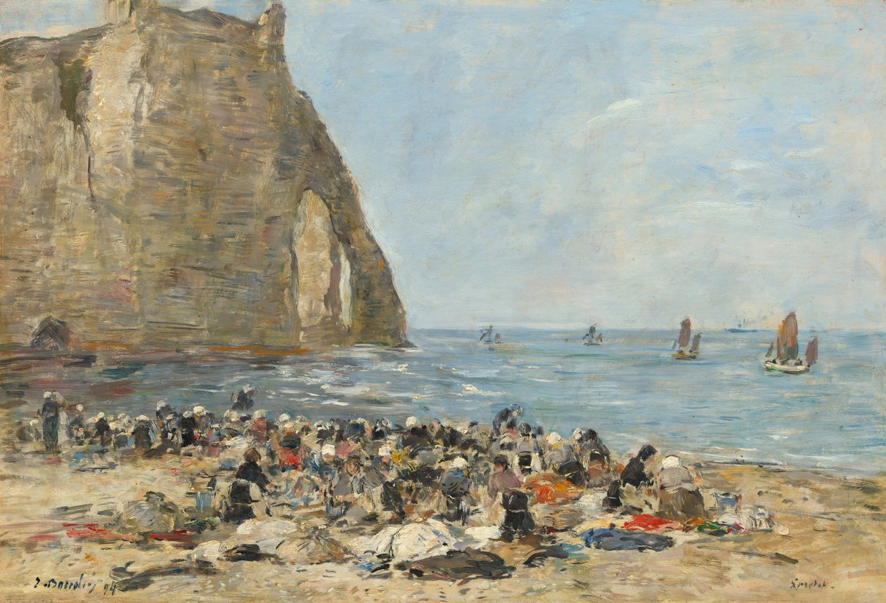 Vaskekvinner på stranden i Etretat av Eugène Boudin
