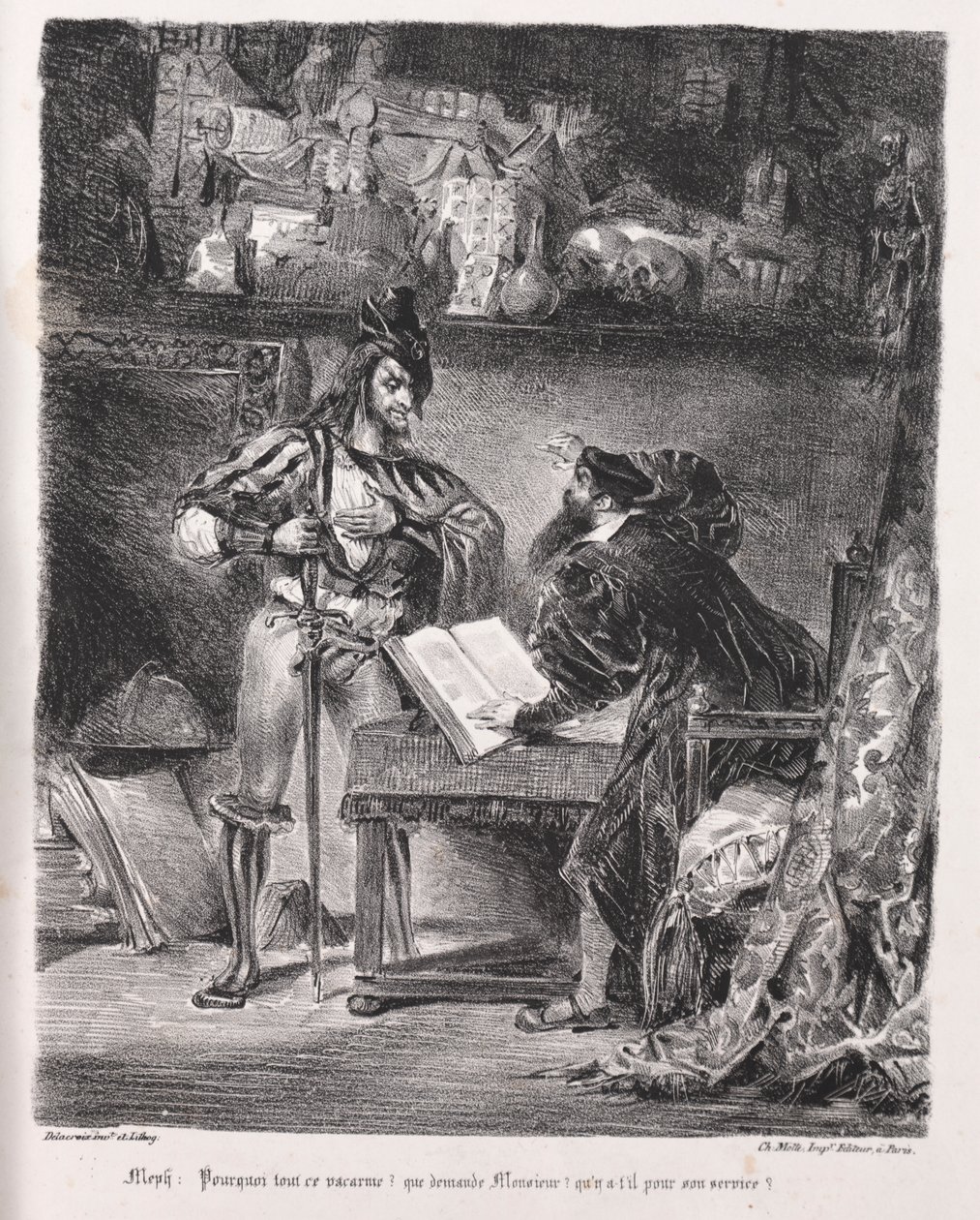 Illustrasjoner for Faust: Mephistopheles besøker Faust av Eugène Delacroix