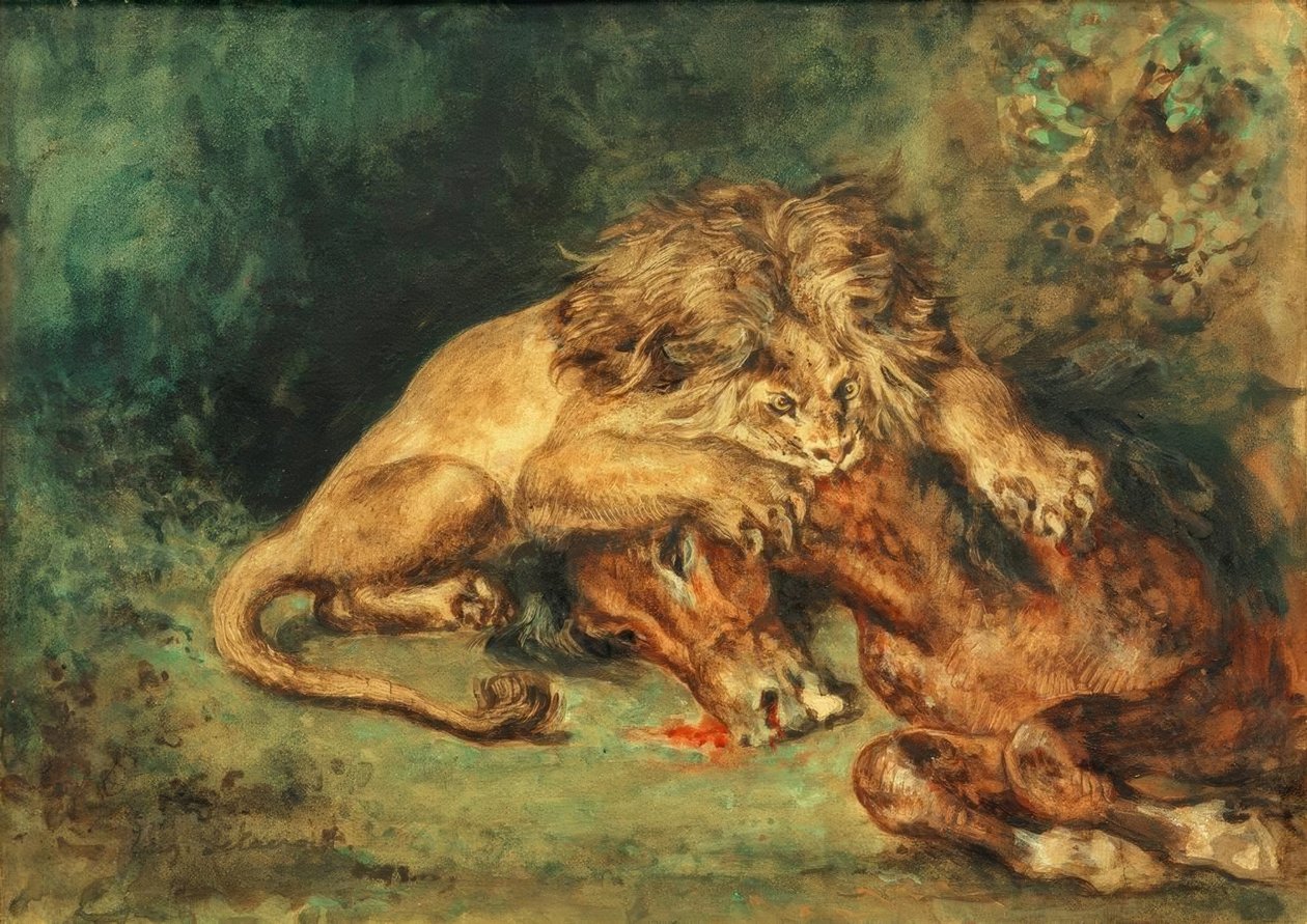 Løve river en hest av Ferdinand Victor Eugene Delacroix