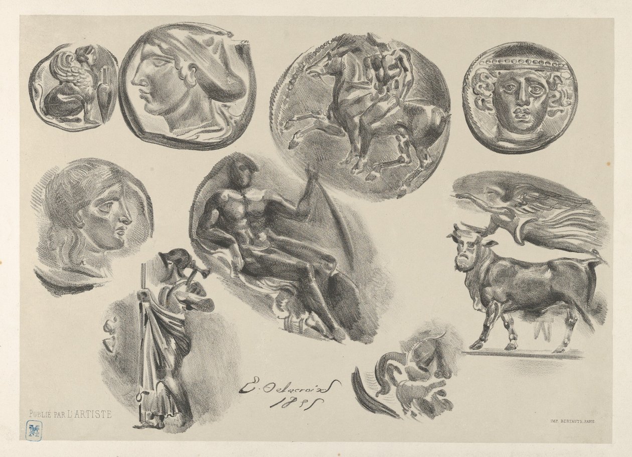 Ark med ni antikke mynter, 1825., 1825. av Eugène Delacroix