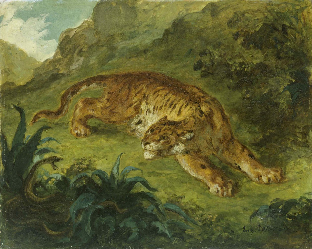Tiger og slange, 1854-1858. av Eugène Delacroix