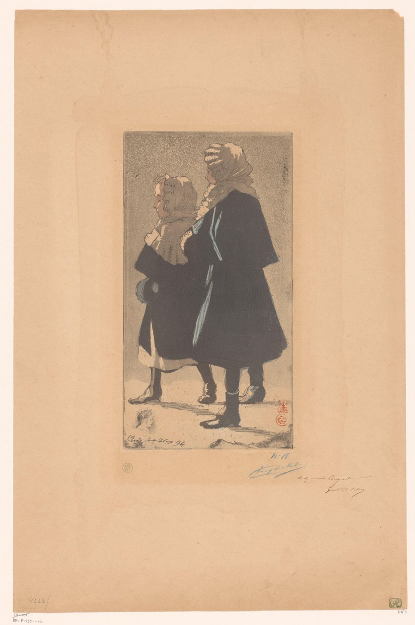 To jenter i vinterklær av Eugène Delâtre (signed by artist)