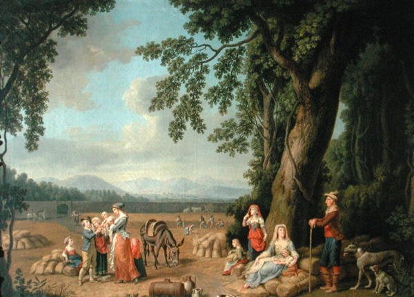 Innhøstingsscene, med Ferdinand I (1503-64), hans kone Anne av Böhmen og Ungarn, og deres barn, ca. 1620 av European School