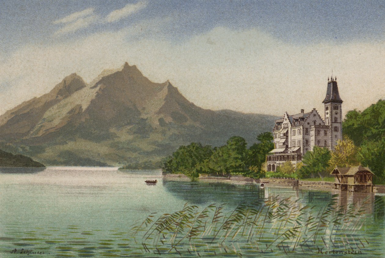 Vierwaldstättersee: Hertenstein (farge litho) av European School