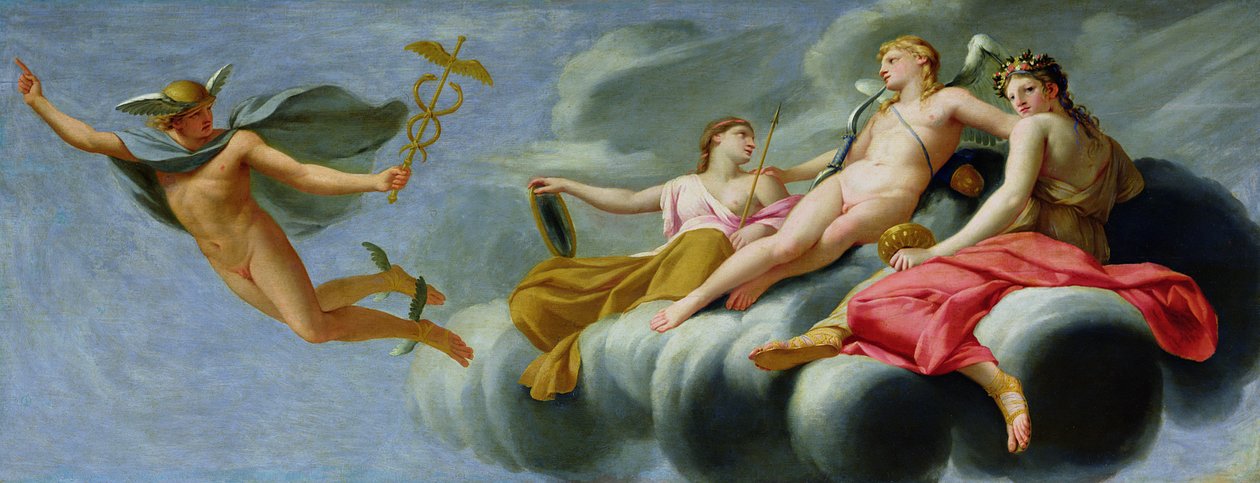 Amor beordrer Mercury, gudenes budbringer, å kunngjøre kjærlighetens kraft til universet, 1646-47 av Eustache Le Sueur