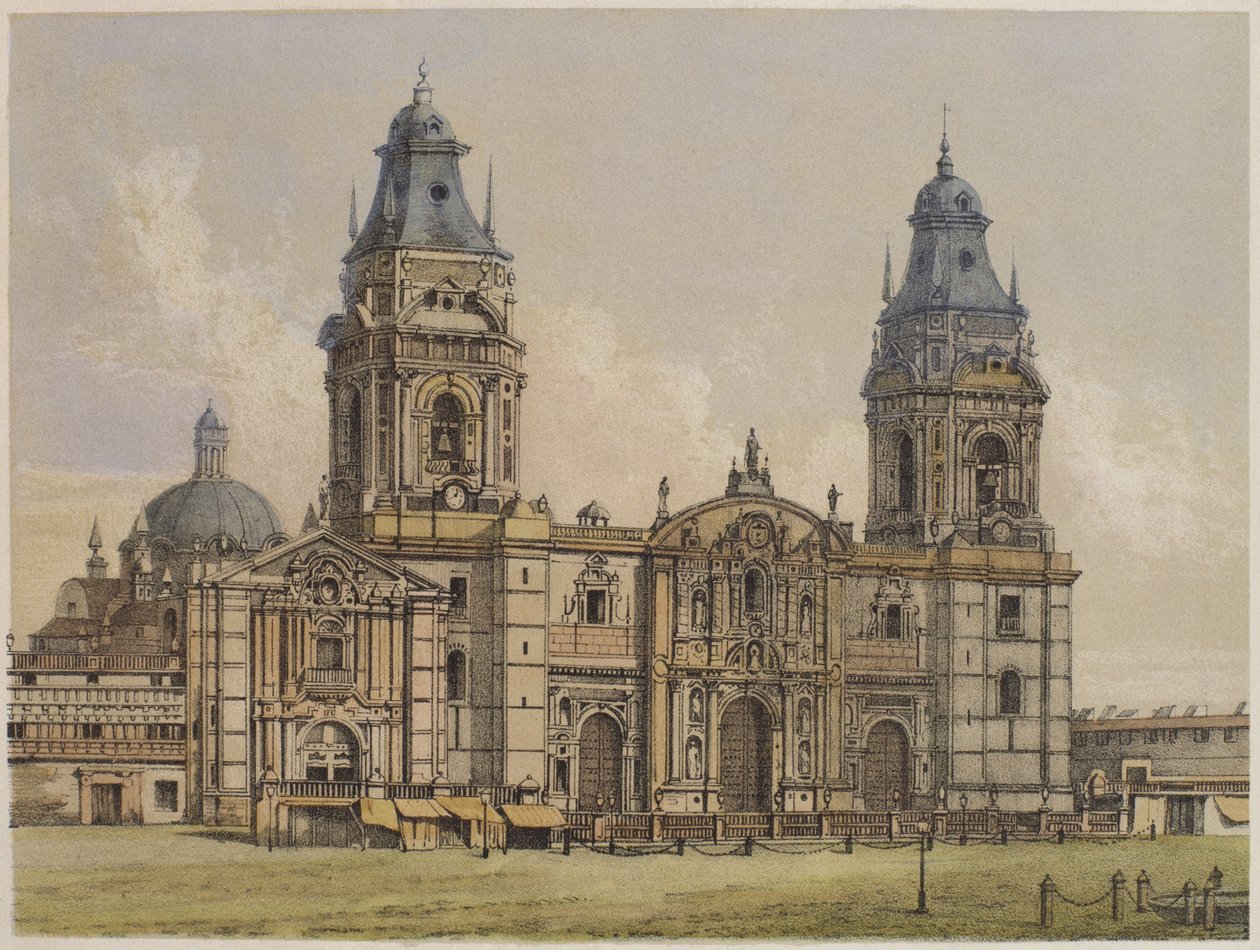 Katedralen i Lima, illustrasjon fra 'Geografia del Peru' av Mariano, Felipe Paz Soldan (1821-86) 1863 av F. Delamare