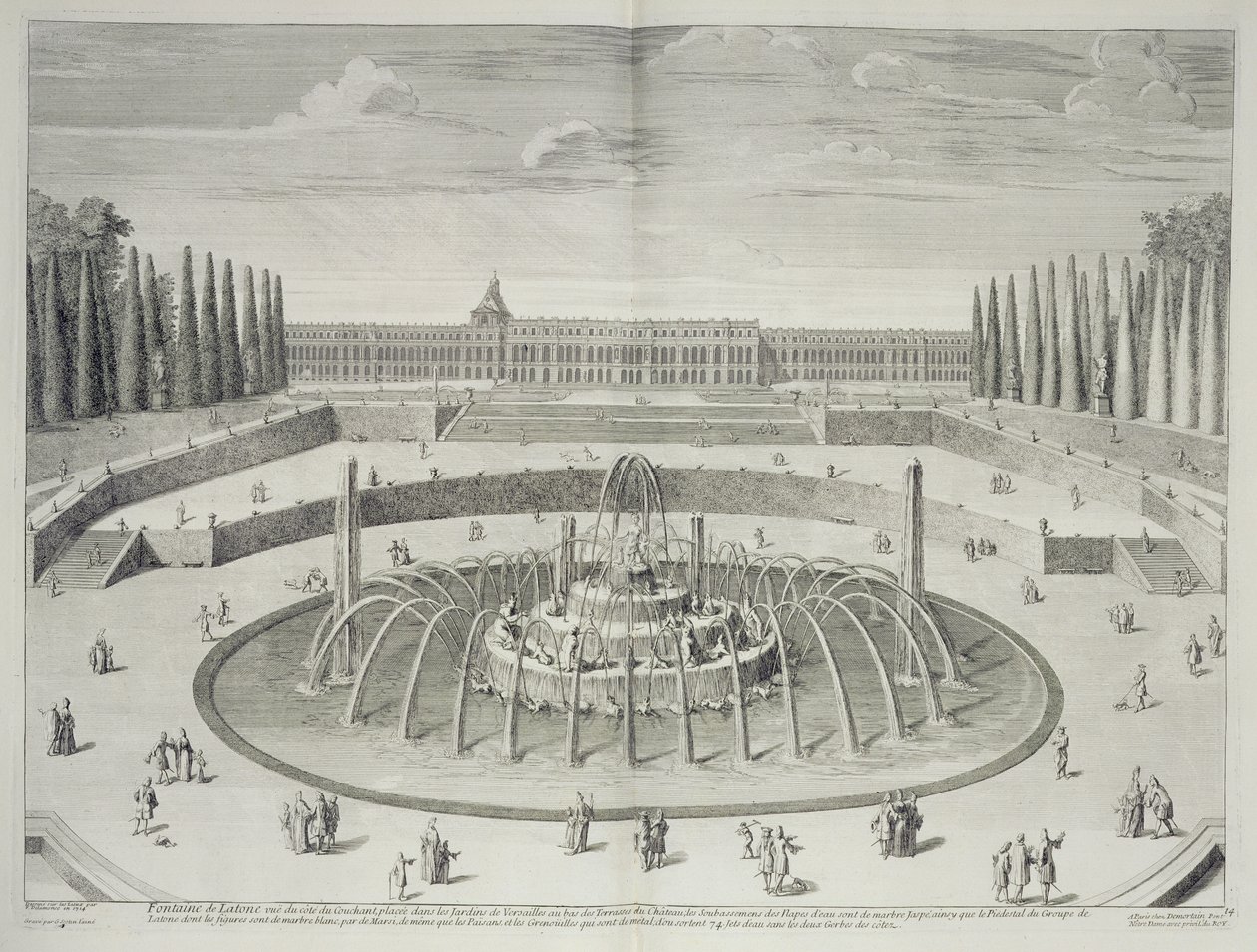 Latonefontenen i Versailles, 1714, fra 'Les Plans, Profiles et Elevations des Villes et Chateau de Versailles', gravert av Gerard Jean-Baptiste Scotin (1671-1716), utgitt ca. 1715 av F. Delamonce
