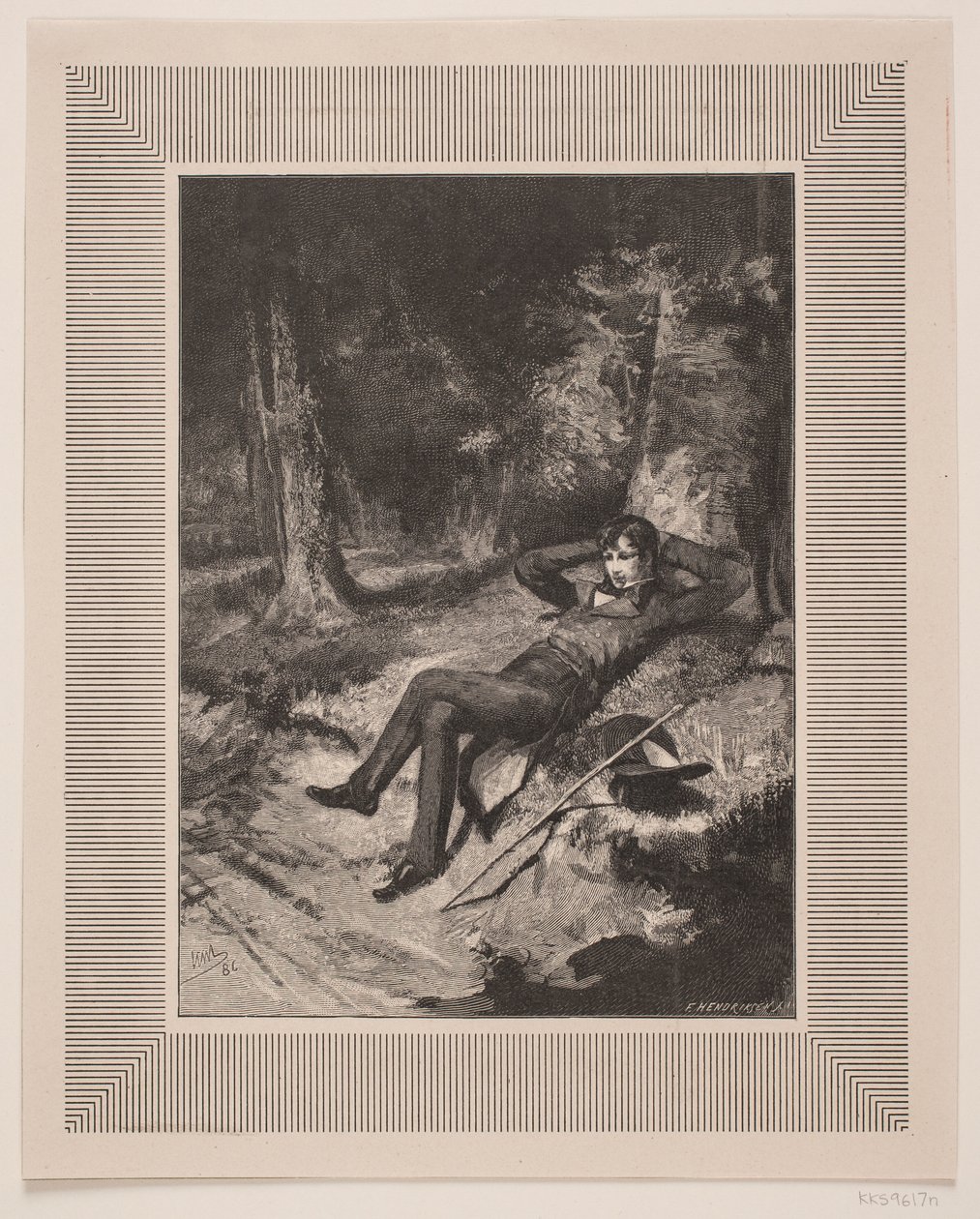 Illustration til C. Hauch, "Den Elskede"   1282293   no       norwegian Successfully Translated  Original: Studie van een mannelijk naaktmodel, op de knieën met een zwaard en schild in de handen, in het atelier van Jacques de Lalaing Translat: Studie van e av F. Hendriksen