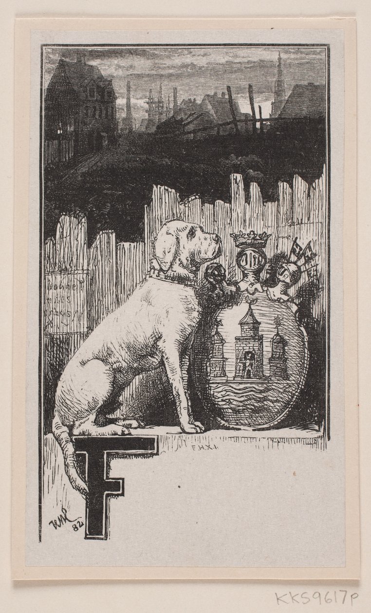 Initial vignett."F" med hund og Københavns våpenskjold av F. Hendriksen