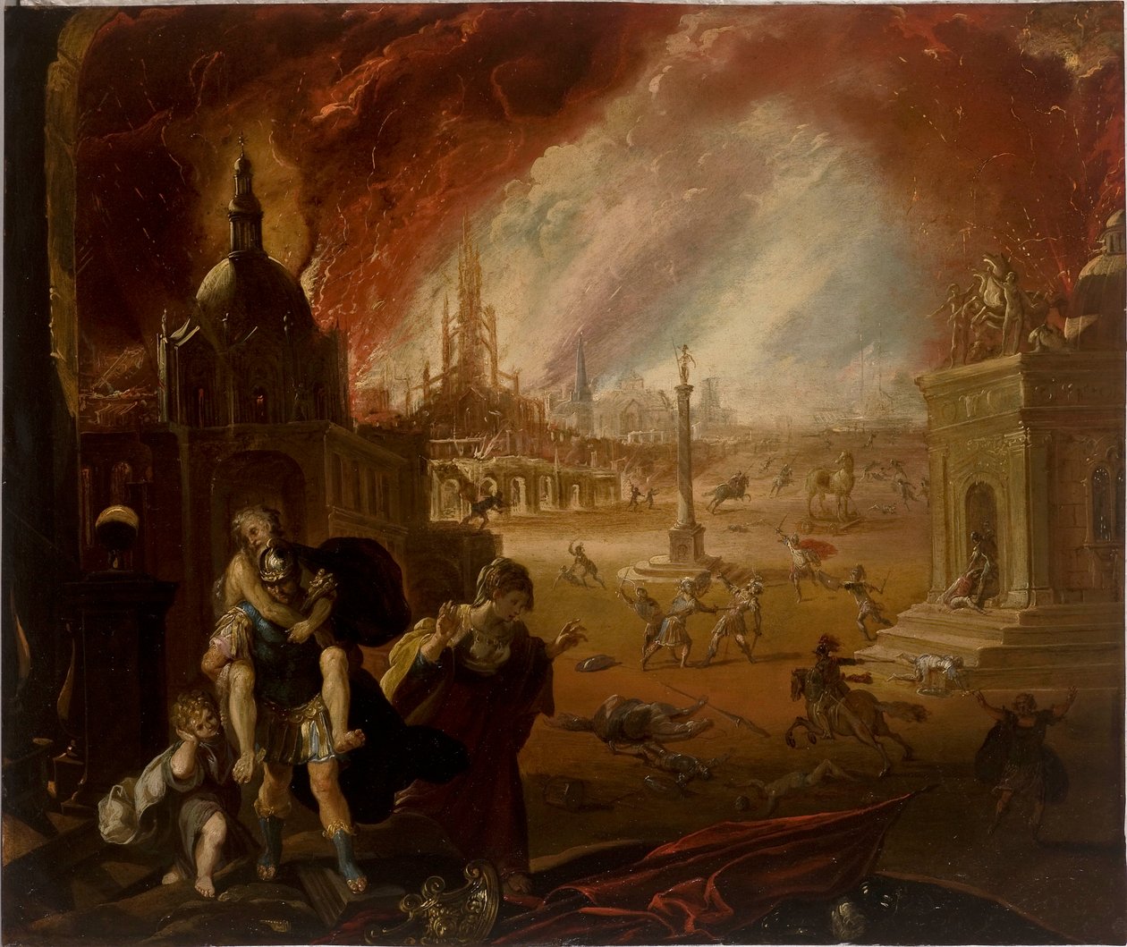 The Flight of Aeneas, med Trojas fall bortenfor (olje på kobber) av Federico Barocci