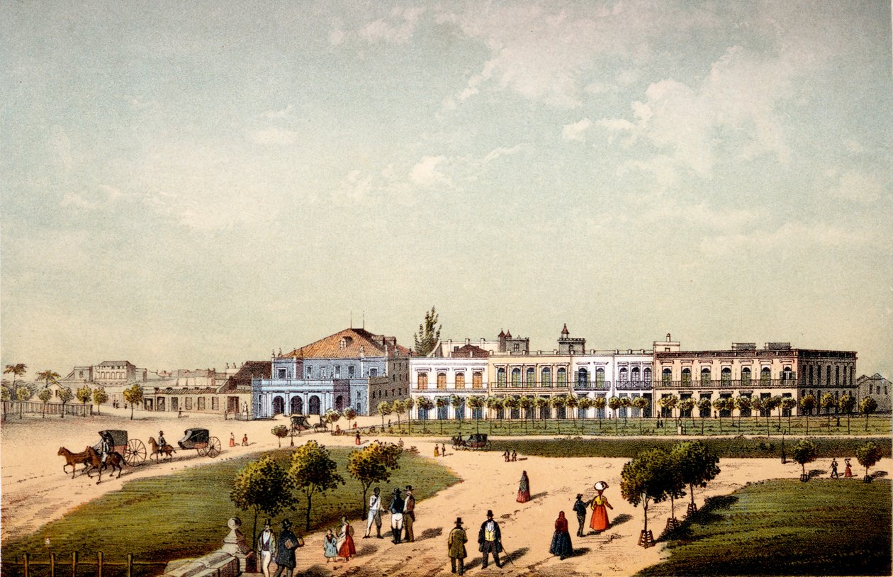 Teatro de Tacon og en del av Paseo de Isabel II, sett fra porten til Monseratte, 1840 av Federico Mialhe
