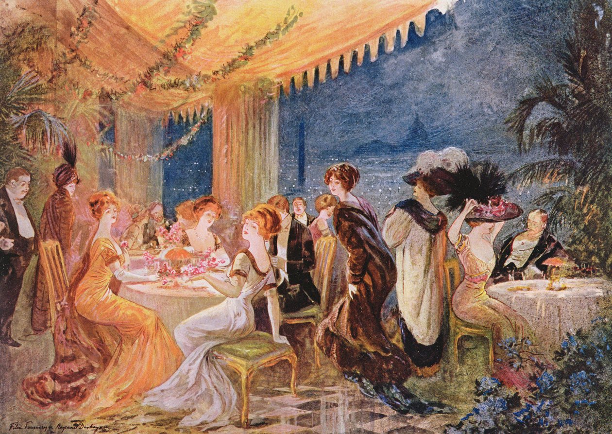 A Soiree i en parisisk restaurant, annonse for The Furrier Revillon i Le Figaro Illustre, 1910 av Felix Fournery