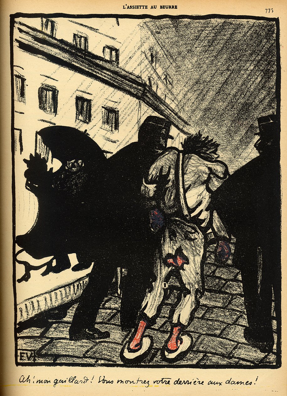To politimenn tar bort en tramp kledd i filler, fra 'Crimes and Punishments', spesialutgave av 'L'Assiette au Beurre', 1. mars 1902 av Felix Edouard Vallotton