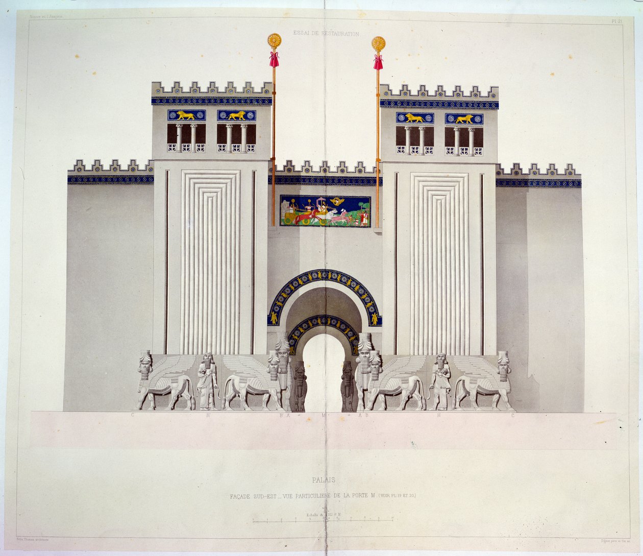 Rekonstruksjon av inngangen til palasset til Sargon II (721-705 f.Kr.) i Khorsabad, Irak, 1867 (fargegravering) av Felix Thomas