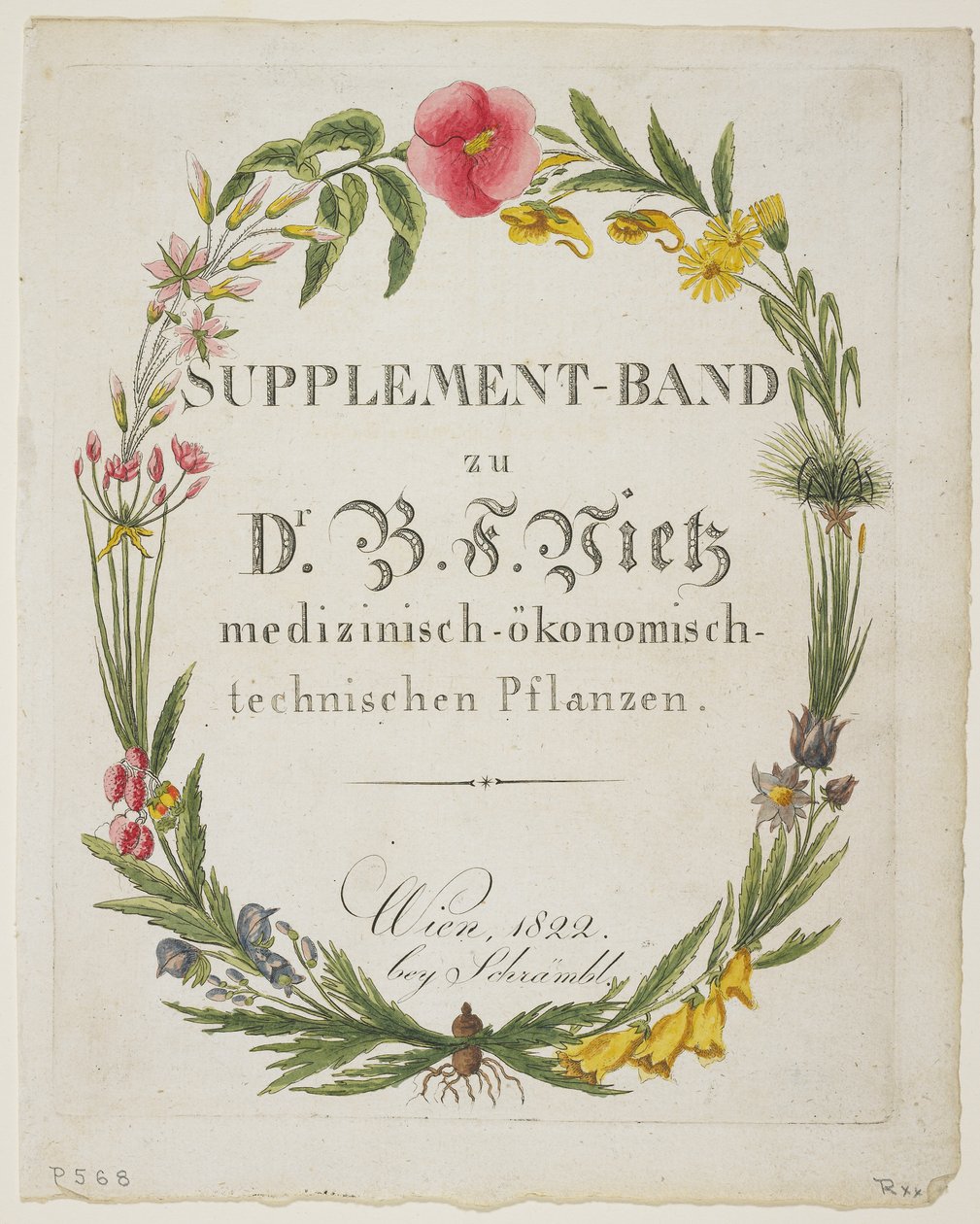 Frontispice og tittelside til Supplement-Band zu Dr. B. F. Vietz medizinisch-okonomisch-technischen Pflanzen av Ferdinand Bernhard Vietz