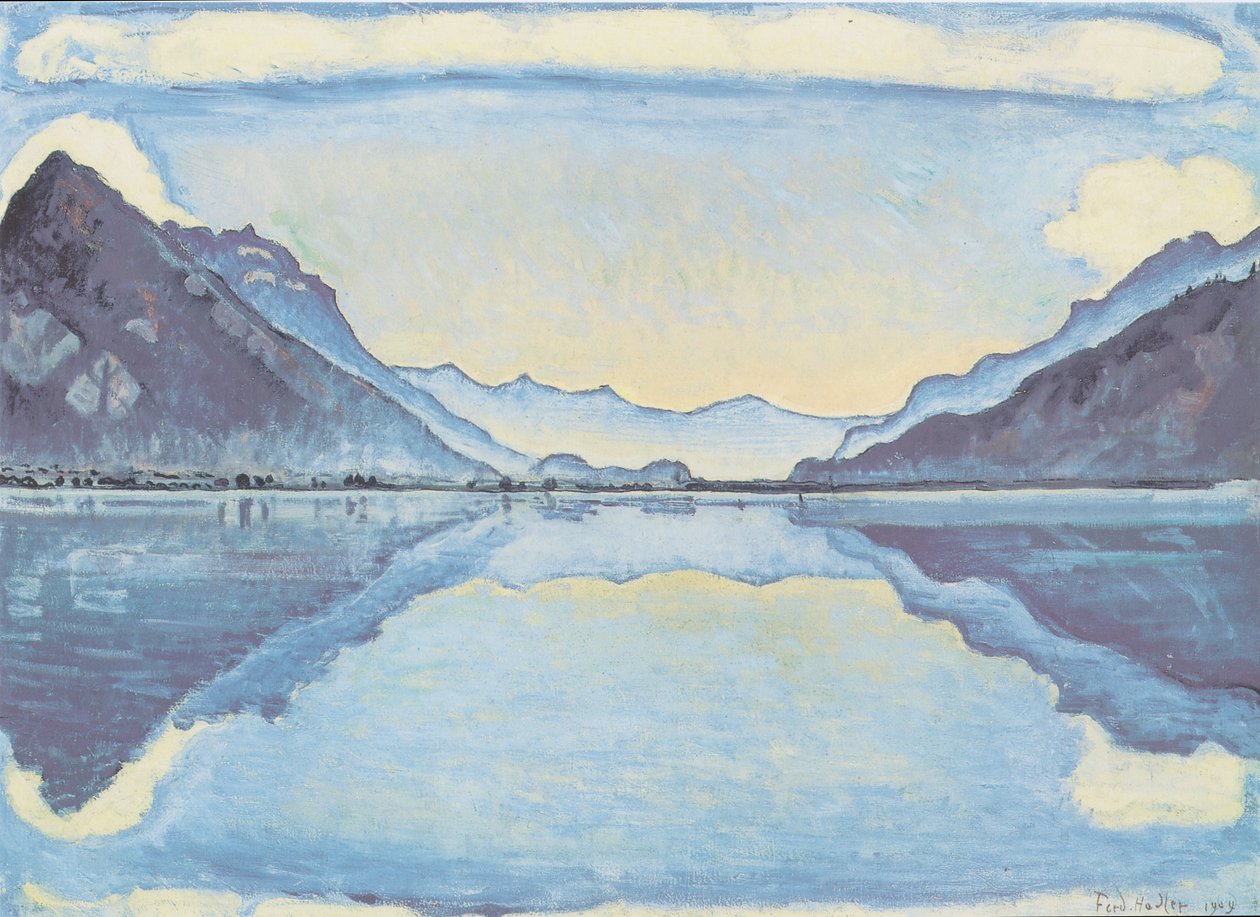 Thun -sjøen med symmetrisk refleksjon av Ferdinand Hodler