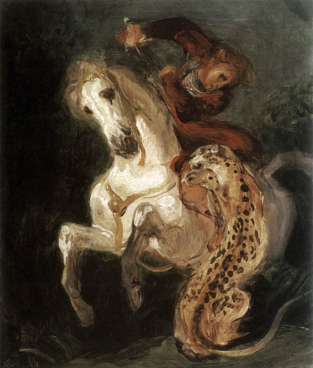 Jaguar angriper en rytter av Ferdinand Victor Eugene Delacroix