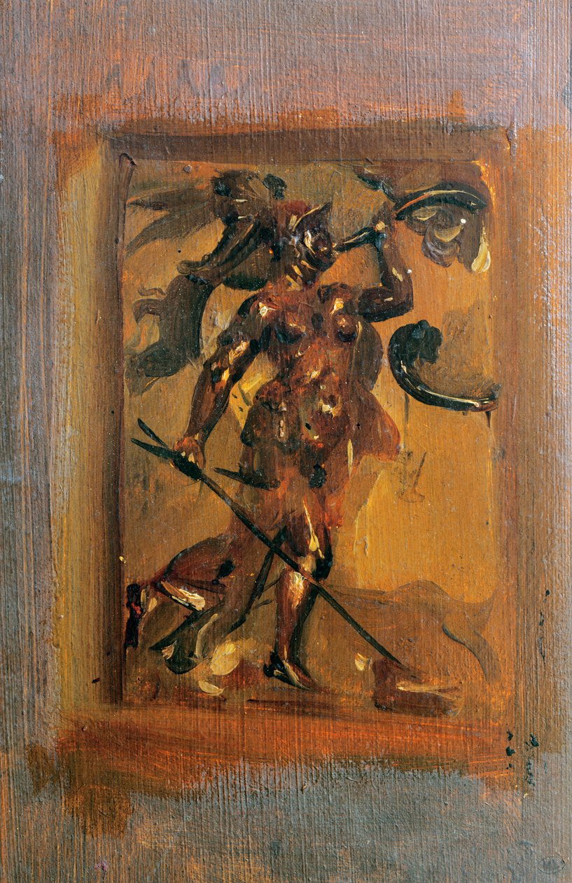 Mann i rustning som blåser i horn av Ferdinand Victor Eugene Delacroix