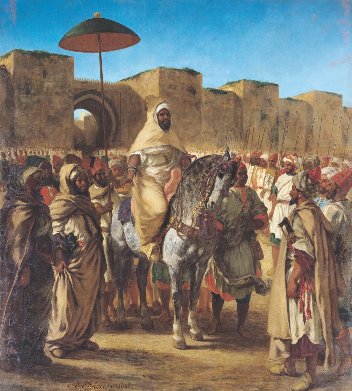 Muley Abd-ar-Rahman (1789-1859), Sultanen av Marokko, forlot palasset i Meknes med følget, mars 1832, 1845 av Ferdinand Victor Eugene Delacroix