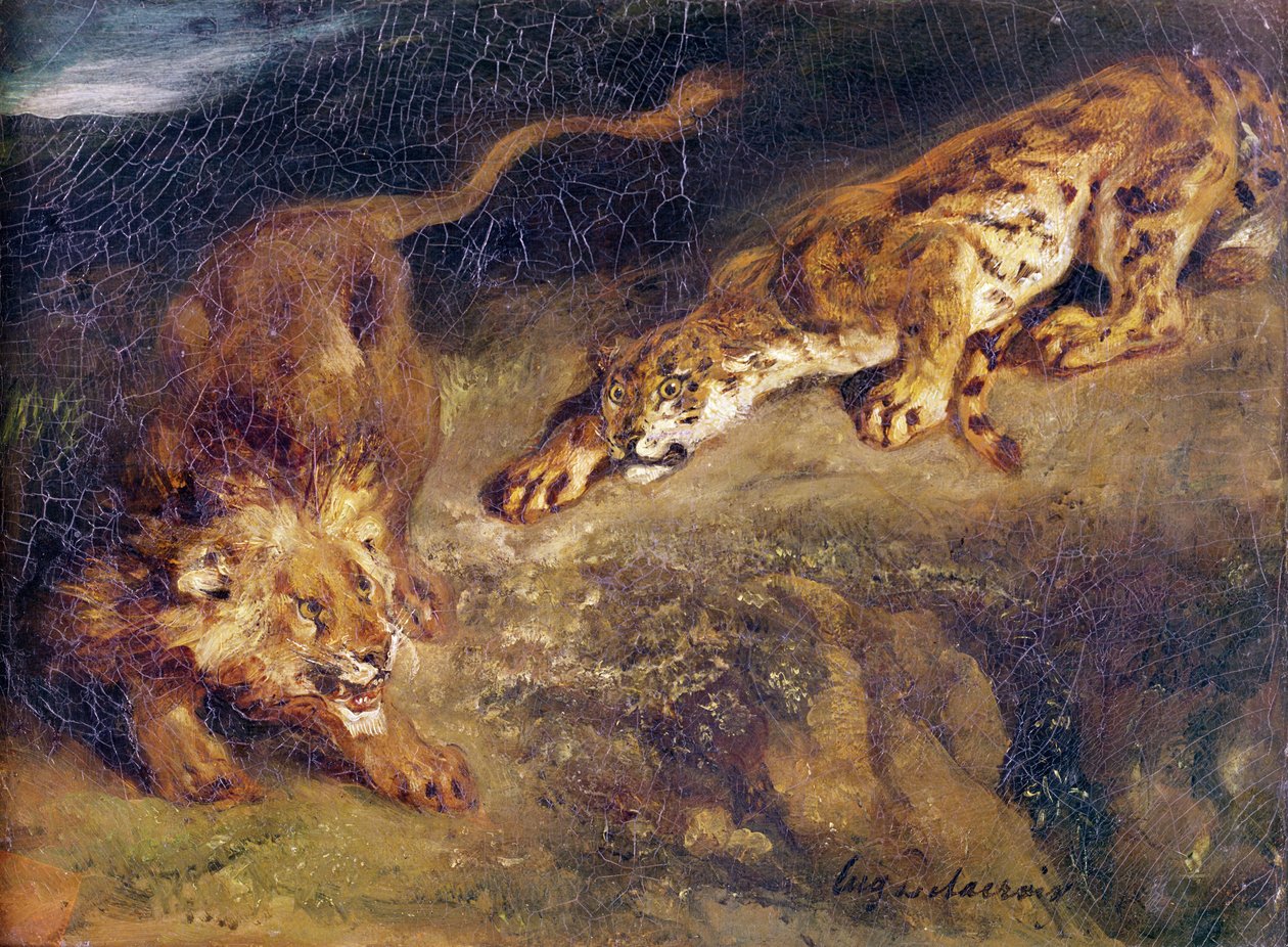 Tiger og løve av Ferdinand Victor Eugene Delacroix