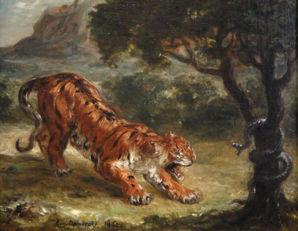 Tiger og slange av Ferdinand Victor Eugene Delacroix