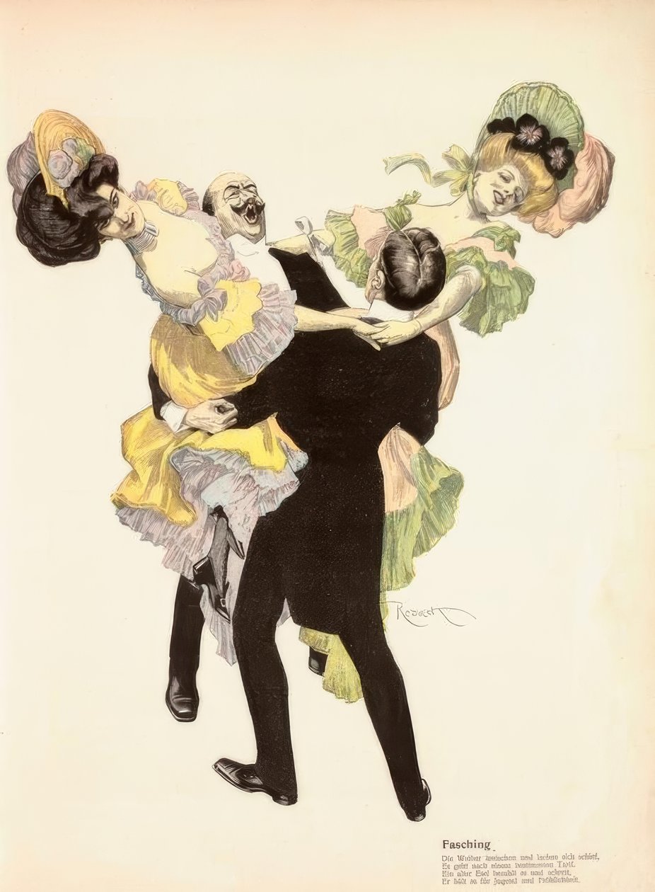 Karneval. / (...) Et gammelt esel betaler for det og skriker, / Han tror det er ungdom og lykke. av Ferdinand von Reznicek