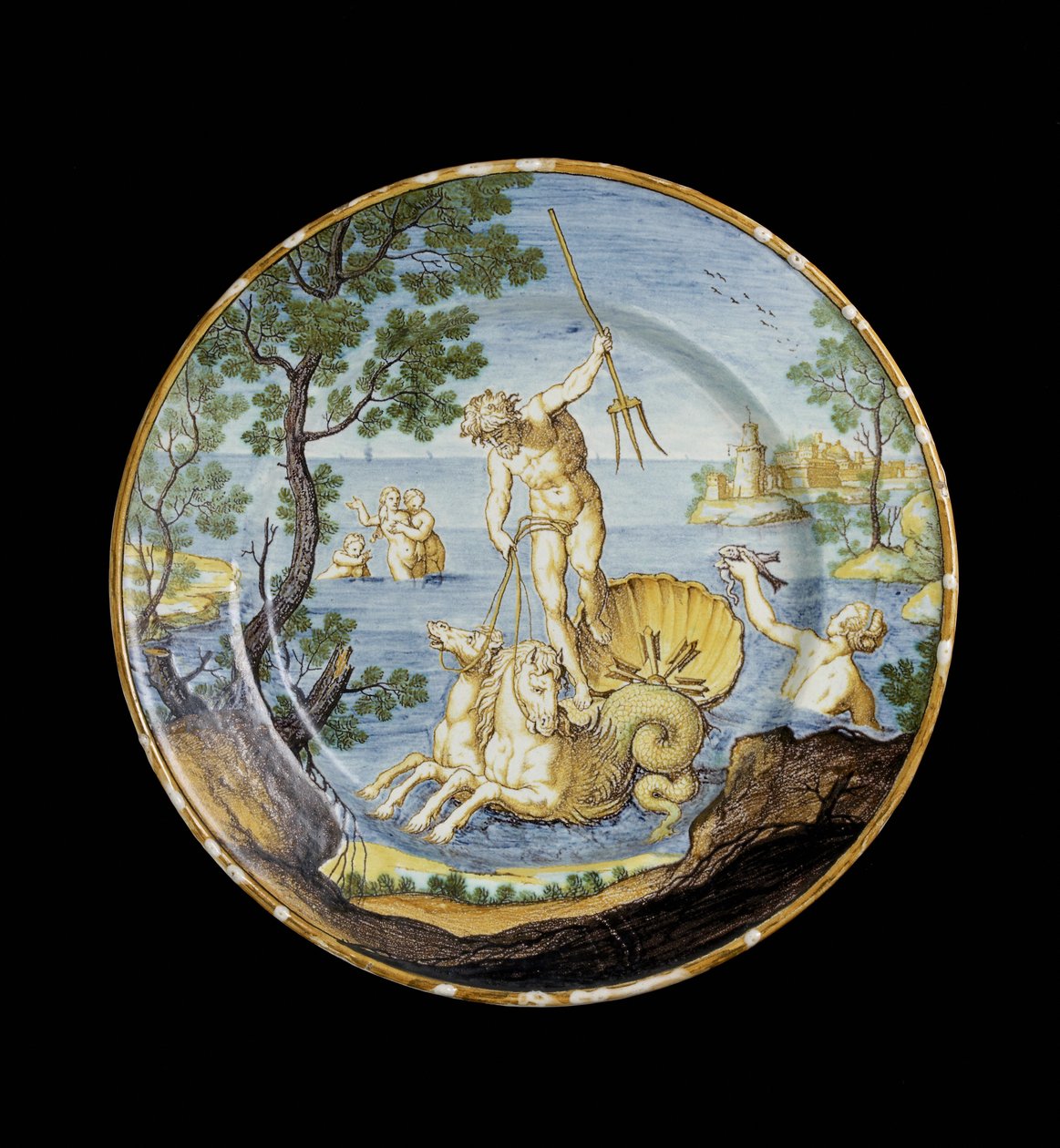 Tallerken med Neptun i vognen, ca. 1730 - 1750 tinnglasert lertøy, maiolica av Ferdinando Maria Campani