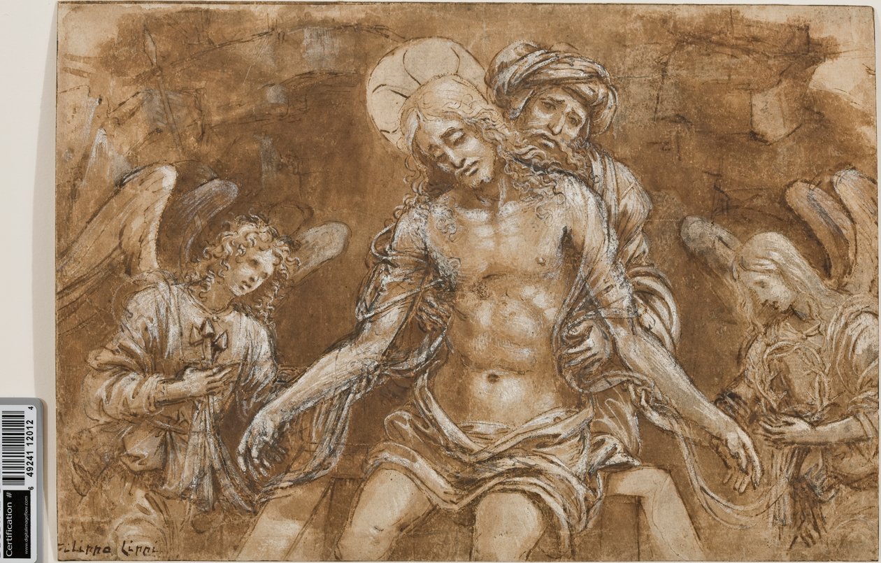 Lamentation of Christ at the Tomb, ca. 1500 (penn og blekk over vask og kritt på papir forhøyet med hvitt) av Filippino Lippi