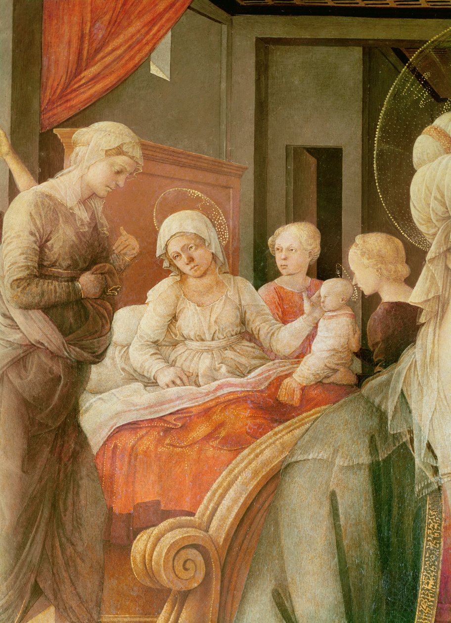 Tondo Bartolini, Madonna og barn (historie om Maria), detalj om Jomfruens fødsel, 1452 (olje på tre) av Filippino Lippi