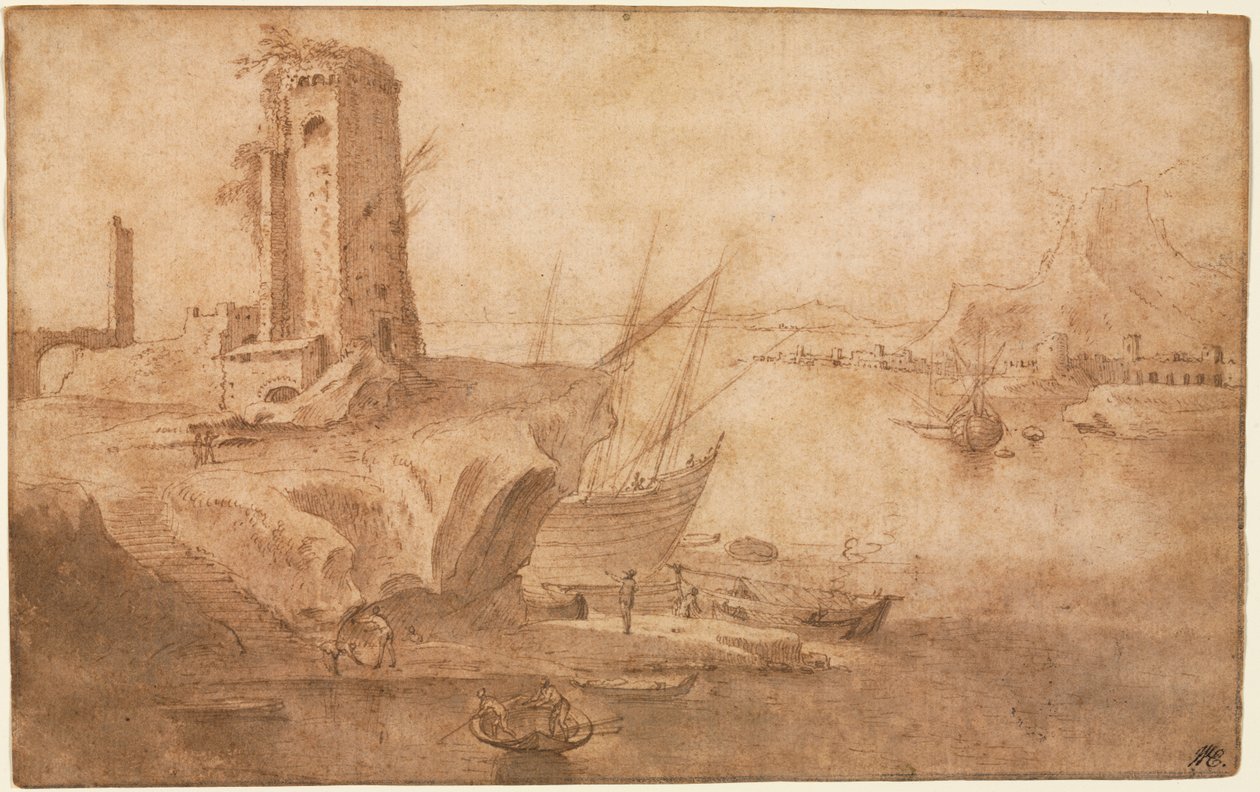 Landskap med tårn ved kysten, 1600-1614. av Filippo Napoletano