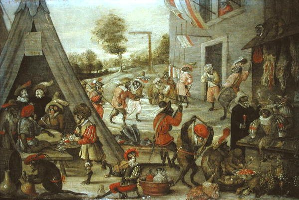 Ape- og kattesoldater i en leir, 1632 (se 204409) av Flemish School