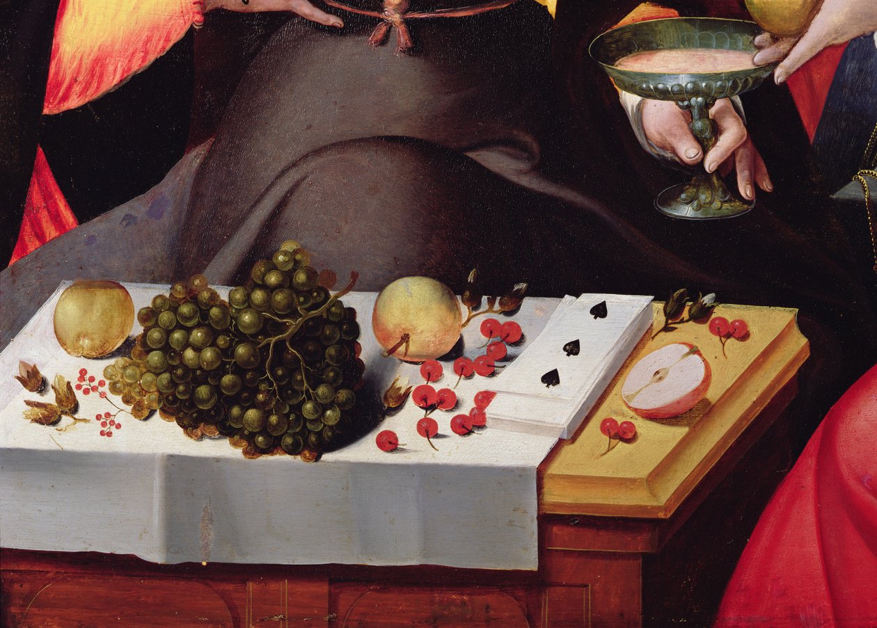 Scene Galante ved portene til Paris, detalj av frukt, spillkort og en beger (detalj av 216104) av Flemish School