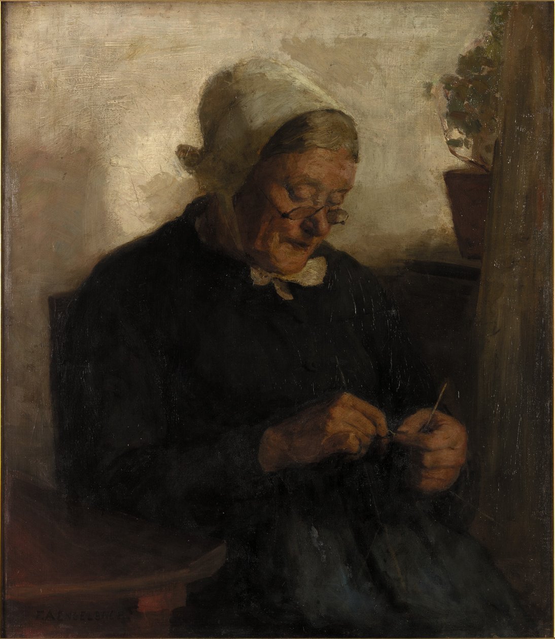 Old Woman Knitting (olje på lerret) av Florence Engelbach