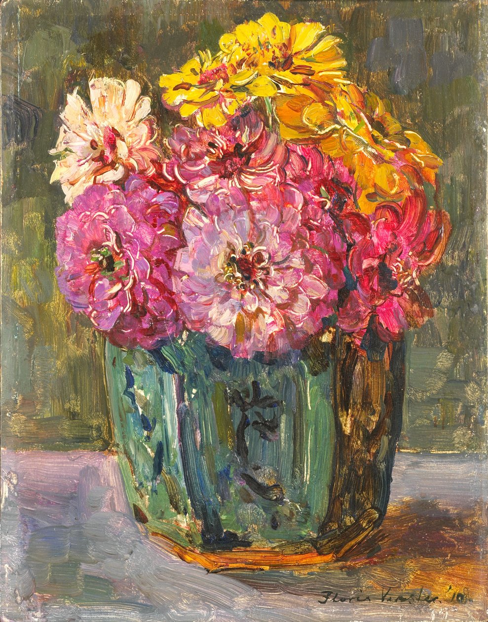 Stilleben med zinnias i en ingefærpotte. av Floris Verster