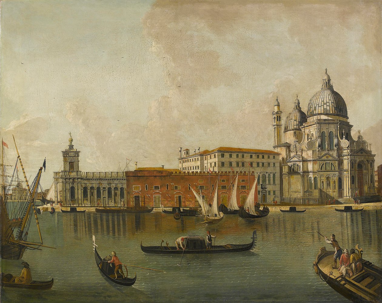Utsikt over Dogana og Santa Maria della Salute i Venezia av Follower of Michele Marieschi