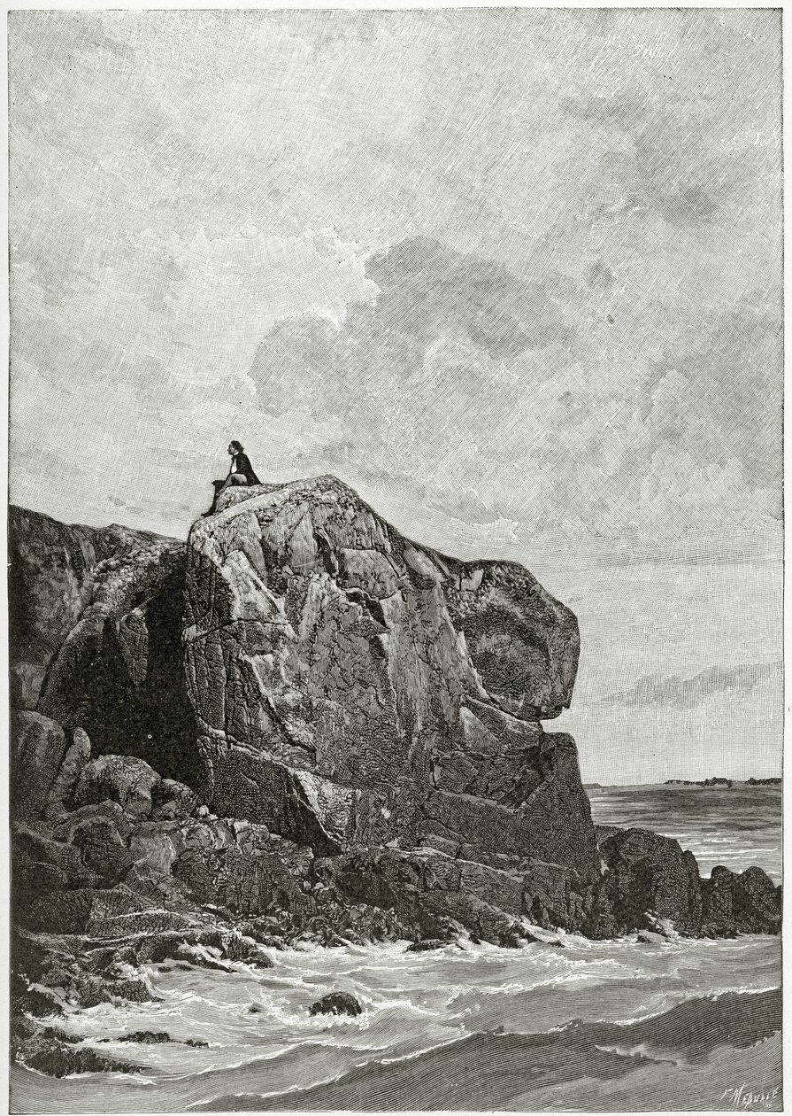 The Rock of the eksil i Jersey, 1800-tallet (bw-gravering) av Fortune Louis Meaulle