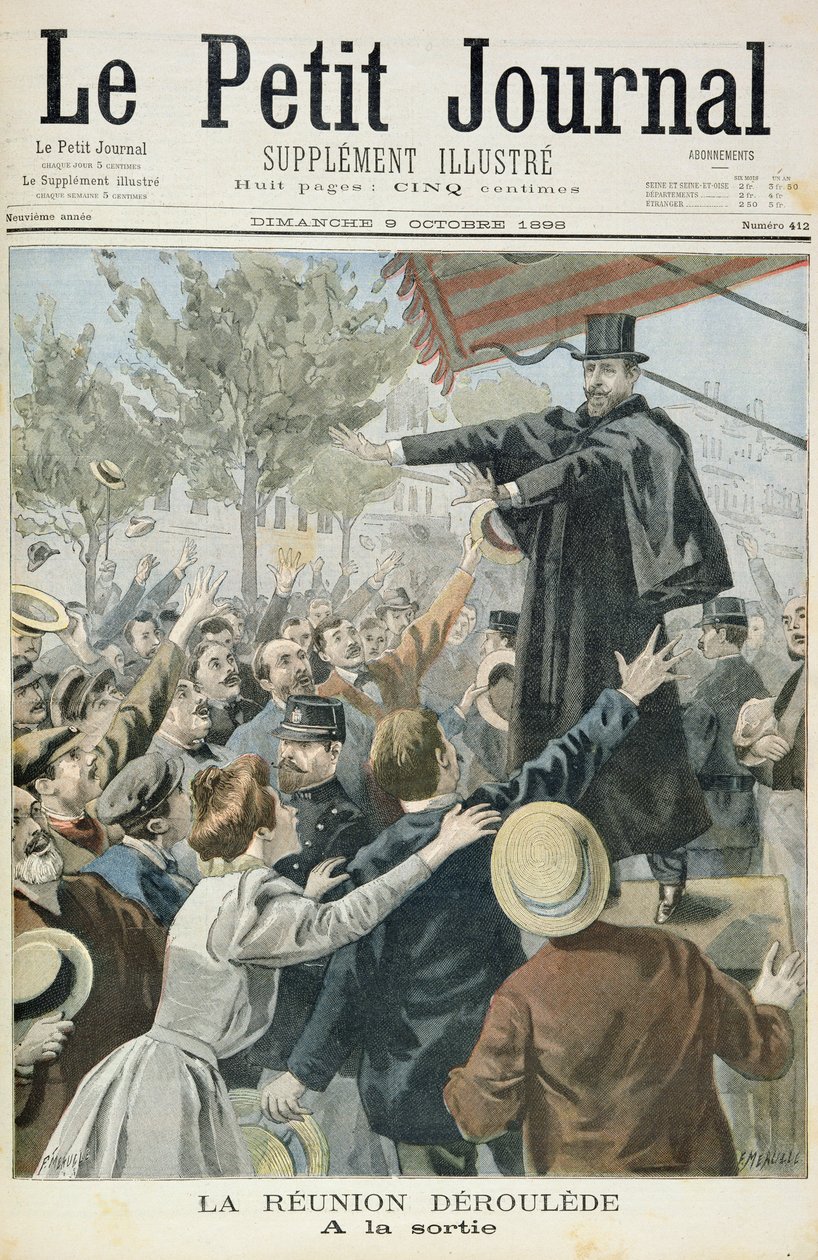 Tittelside som viser møtet med Deroulede, illustrasjon fra det illustrerte tillegget til Le Petit Journal, 9. oktober 1898 (lito i farge) av Fortune Louis Meaulle