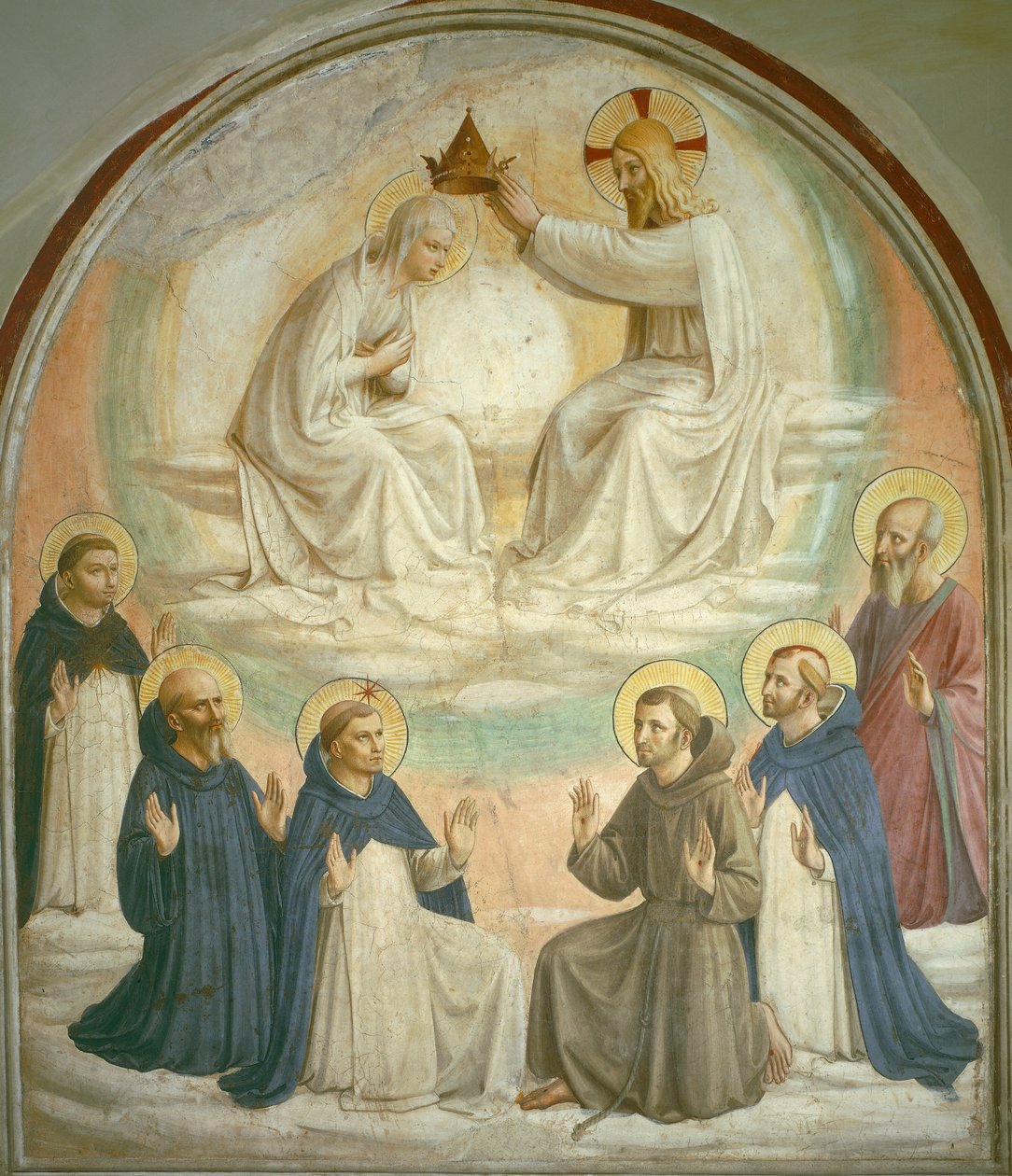 Jomfruens kroning, med de hellige Thomas, Benedict, Dominic, Francis, Peter Martyren og Paul, 1442 av Fra Angelico