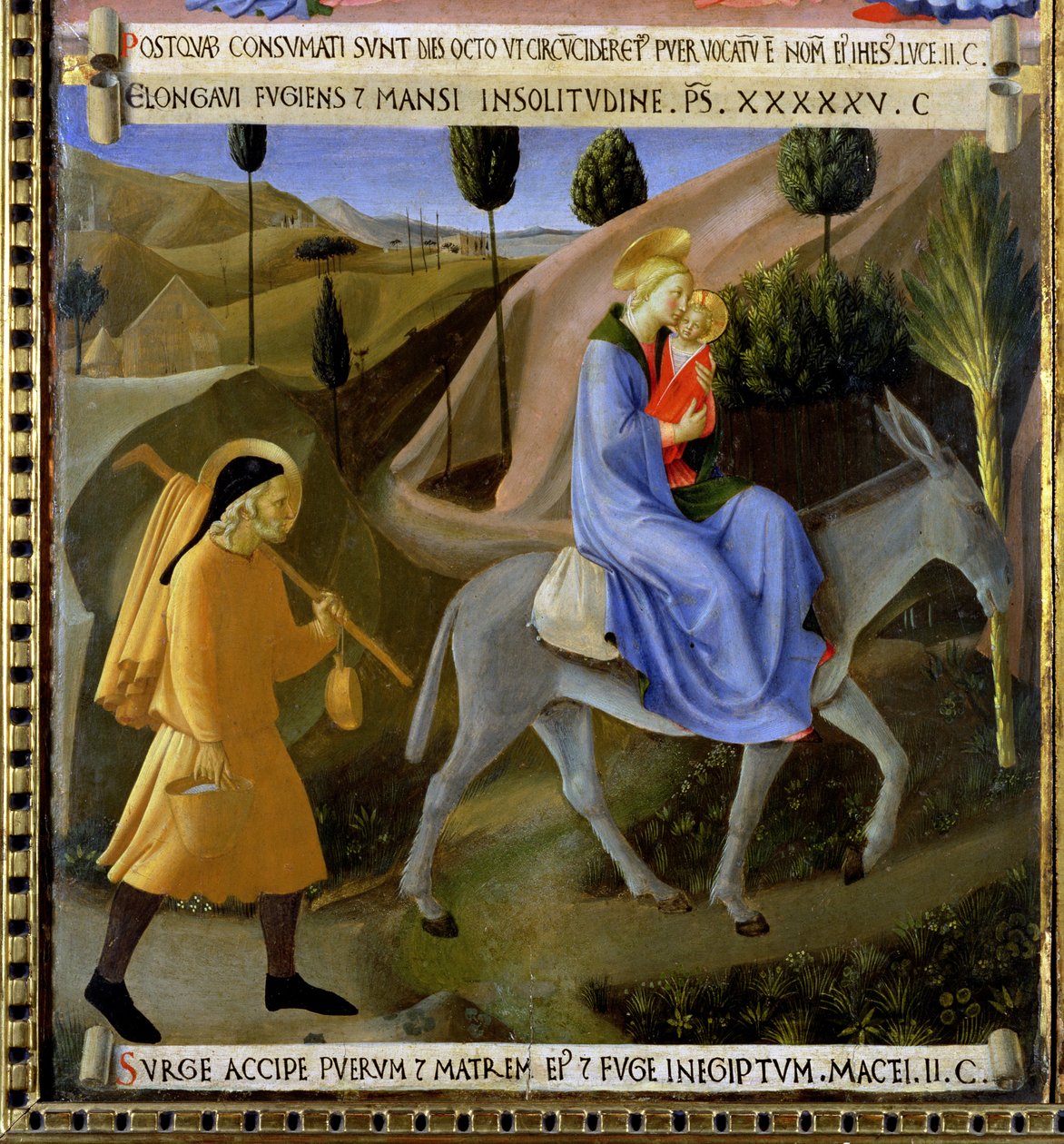 The Flight into Egypt, detalj fra panel en av sølvskattkammeret i Santissima Annunziata, ca. 1450-53 (tempera på panel) (se også 165880 og 98902) av Fra Angelico