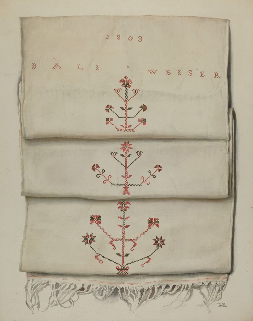 Pa. Tysk brodert håndkle av Frances Lichten