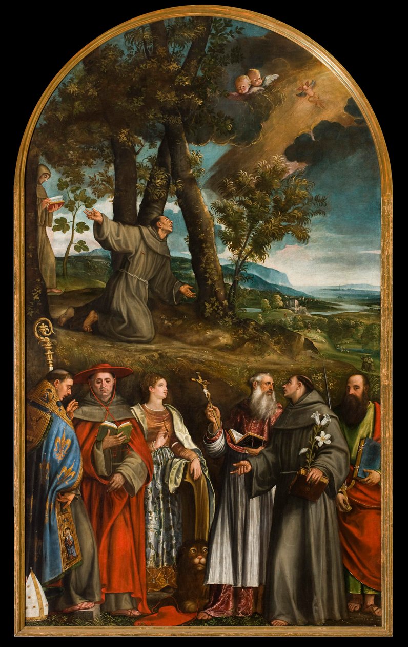 Den hellige Frans mottar stigmata og seks helgener av Francesco Beccaruzzi