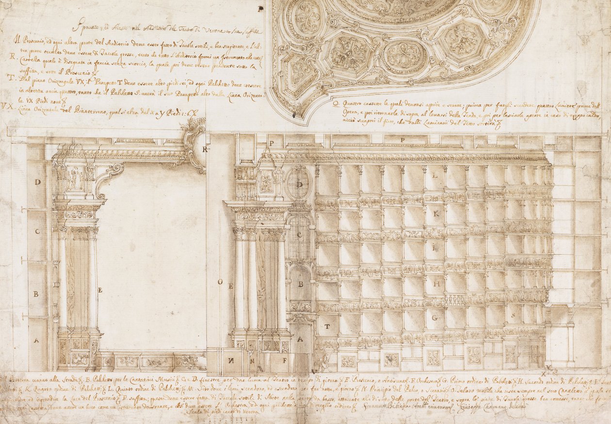 Teatro Filarmonico, Accademia Filarmonica, Verona, Italia - Seksjon og tak av Francesco Galli Bibiena