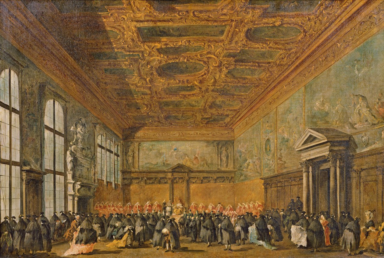 Publikum gitt av dogen i Venezia i høyskolerommet i Dogepalasset, ca. 1766-70 av Francesco Guardi