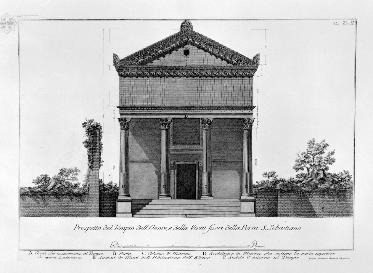 Utsikt over æretempelet og dyd utenfor Porta S. Sebastiano av Francesco Piranesi