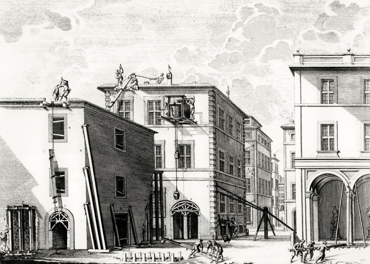 Bygningsarbeid, gravert av M. Schedl av Francesco Rostagni